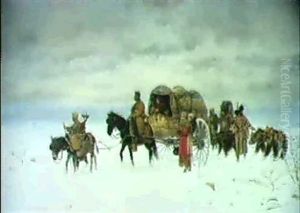 Russiche Zirkusfamilie Mit Pferdewagen Im Schnee
