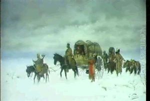 Russische Zirkusfamilie Mit Pferdewagen Im Schnee by Edouard Castres
