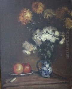 Nature Morte Au Bouquet De Fleurs Et Assiettes De Fruits by Paul De Castro