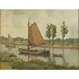 A Waterscape With Sailboats And Cattle by Hendrik (Henk) Jan ten Cate