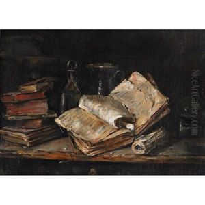 Still Life Of Antiquarian Books And Vessels On A Ledge by Hendrik (Henk) Jan ten Cate