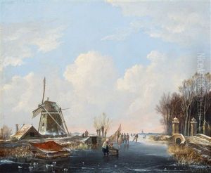 Dutch Winter Scene With Skaters And Koek-en-zopie by Hendrik Gerrit ten Cate