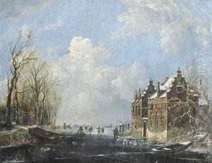 Hollandische Winterlandschaft Mit Schlittschuhlaufern Auf Einem Gefrorenen Kanal