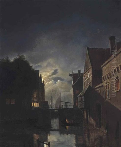 Moonlit Landscape Of A Canal, Amsterdam - view 1