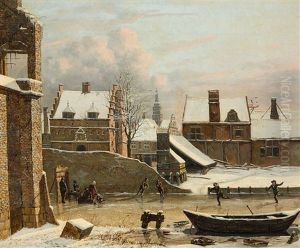 View Of A City In Winter With Ice Skaters by Hendrik Gerrit ten Cate