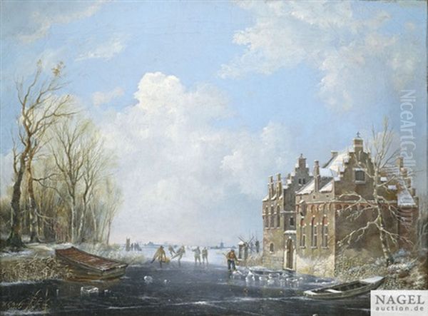 Hollandische Winterlandschaft Mit Schlittschuhlaufern Auf Einem Gefrorenen Kanal - view 1
