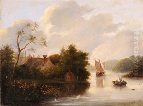 Flusslandschaft Mit Segel- Und Ruderboot - view 1