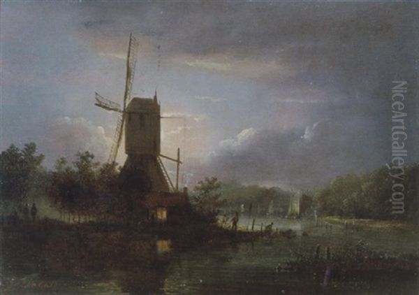 Landschap Met Molen Bij Maneschijn - view 1