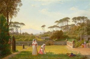 Ansicht Der Gartenterrassen Der Villa Doria-pamphilj Mit Musikalischem Standchen Als Staffage Und Blick Auf Die Kirche San Pancrazio by Franz Ludwig Catel