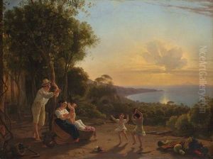 Familienszene Mit Tanzenden Kindern Bei Sonnenuntergang Am Golf Von Neapel Mit Blick Auf Die Insel Capri by Franz Ludwig Catel