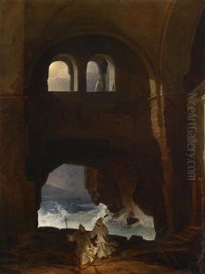 Monche Im Hof Eines Klosters, Im Hintergrund Sturmische See by Franz Ludwig Catel