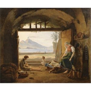Fischer In Mergellina, Neapel-neapolitan Fishermen In Mergellina, The Castel Dell'ovo And Vesuvius Beyond by Franz Ludwig Catel