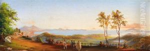 Neapel. Blick Von Einer Anhohe Auf Die Stadt Im Abendrot. Im Hintergrund Der Rauchende Vesuv