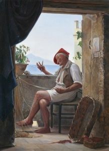 Alter Caprifischer Beim Flicken Eines Netzes Auf Der Terrasse Seines Hauses Mit Weitem Blick Uber Das Meer Auf Den Vesuv by Franz Ludwig Catel