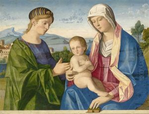 The Madonna And Child With A Female Saint Before A Parapet, A Landscape Beyond