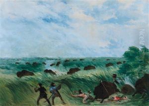 Stampede Of A Buffalo Herd by George Catlin