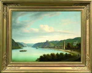 Rheinlandschaft Mit Blick Auf Oberwesel Mit Liebfrauenkirche, Ochsenturm Und Burg Schonberg, Im Hintergrund Die Burg Pfalzgrafenstein by Louis Johann Ludwig Catoir