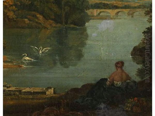 Jeune Femme Au Repos Devant Un Lac Anime De Cygnes - view 1