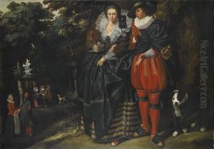 An Elegant Couple With A Dog, In A Forested Landscape With Other Figures In The Background, Possibly An Allegory Of Summer by Dirck van Cats