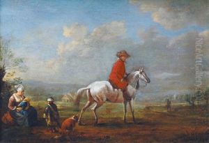 Rider On A Grey Horse With Young Woman And Children