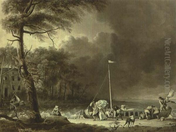 A Stormy Scene With Figures Unloading Boats Near A House On The Water's Edge - view 1