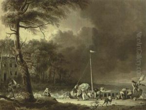 A Stormy Scene With Figures Unloading Boats Near A House On The Water's Edge