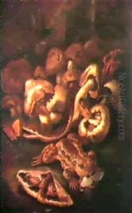Nature Morte Aux Champignons Et Papaillons Sur Fond De Paysage by Paolo Cattarama