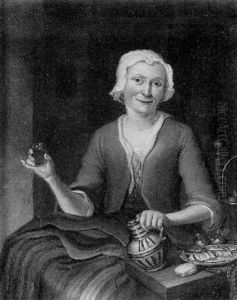 An Old Woman Seated In An Interior Holding A Glass Of Wine, Foods On A Bench Nearby by Pieter Cattel