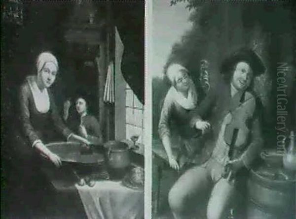 A) A Kitchen Maid Chopping Vegetables B) A Young Man Playing A Fiddle - view 1
