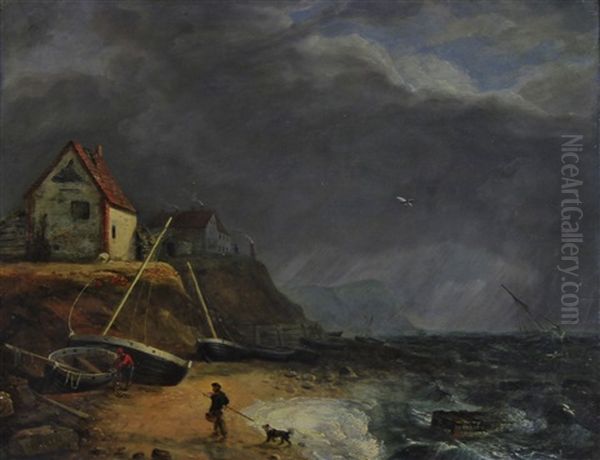 Fisherfolk On A Beach (possibly Mundesley), Approaching Storm - view 1