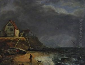 Fisherfolk On A Beach (possibly Mundesley), Approaching Storm by Charles, Catton Jnr.