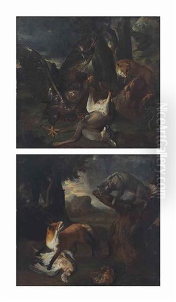 A Fox And A Wild Cat Fighting Over A Turkey; And An Eagle Attacking A Deer With A Fox Looking On - view 1