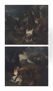 A Fox And A Wild Cat Fighting Over A Turkey; And An Eagle Attacking A Deer With A Fox Looking On by Peter Caulitz