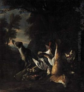 A Hound, A Dead Red Fox, A Dead Mallard, A Grey Partridge, A Woodcock And A Bullfinch At The Foot Of A Tree At The Edge Of A Wood by Peter Caulitz
