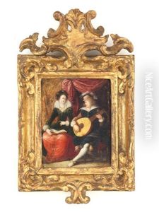 Two Of The Five Senses: Elegant Figures Embracing; And An Elegant Couple Making Music (2) by Louis de Caullery