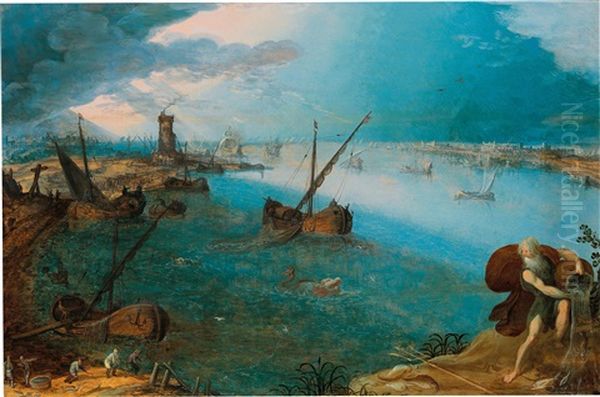 A Wide Harbor Scene With Fishermen And The Seagod Neptune - view 1