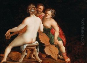 Two Naked Music-making Women Enthrall An Old Man by Louis de Caullery