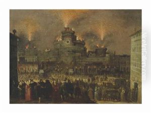 A Fireworks Display At The Castel Sant' Angelo, Rome by Louis de Caullery
