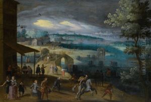 Coastal Town Landscape With Elegantly Dressed Figures, With A Capriccio View Of Venice Beyond by Louis de Caullery