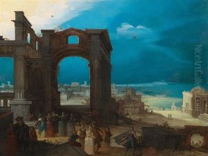 Elegant Figures Amidst Roman Ruins by Louis de Caullery