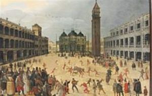 Carneval And Bull Fighting At Piazza San Marco by Louis de Caullery