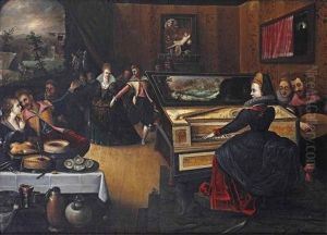 A Merry Company Feasting And Dancing With An Elegant Lady Playing The Clavichord In The Foreground by Louis de Caullery