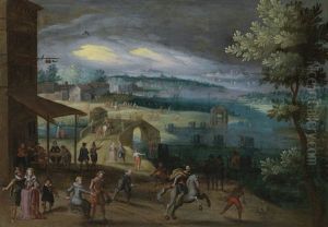 Flusslandschaft Mit Reitern Und Eleganter Gesellschaft by Louis de Caullery