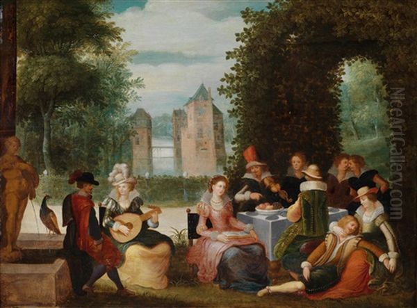 Elegante Musizierende Gesellschaft In Einem Park, Im Hintergrund Ein Fluss - view 1