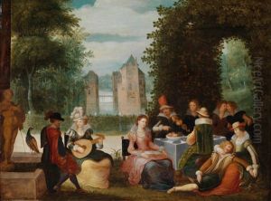 Elegante Musizierende Gesellschaft In Einem Park, Im Hintergrund Ein Fluss by Louis de Caullery