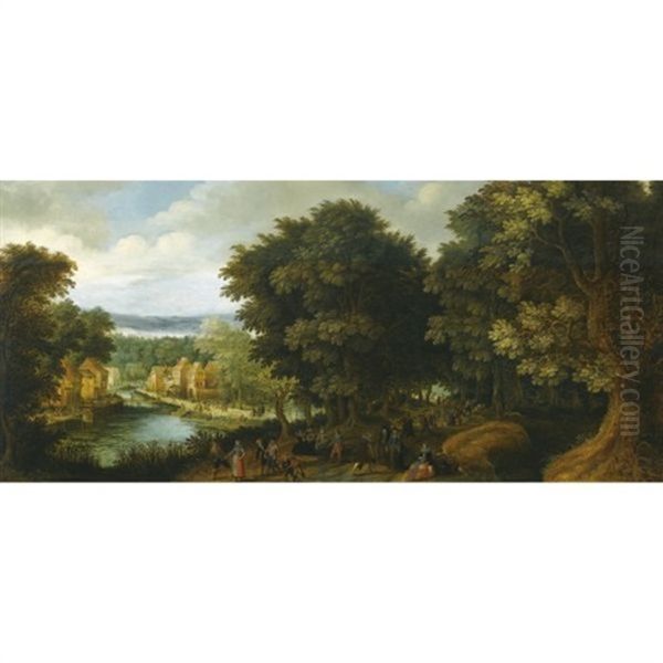 An Extensive Wooded River Landscape With Elegant Figures Conversing Along A Path To The Right, And Other Figures Merry-making In A Village To The Left - view 1