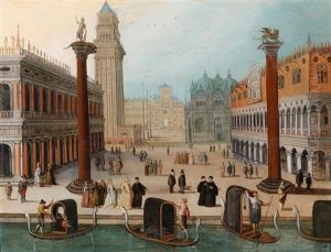 Vedute Der Piazzetta Mit Dogenpalast, Uhrturm Und Bibliothek In Venedig