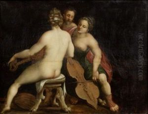 Deux Musiciennes Entourant Un Homme Age by Louis de Caullery