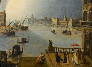 A Venetian Capriccio, With Elegant Figures On A Terrace by Louis de Caullery