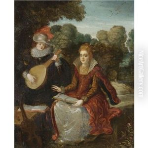 An Elegant Courting Couple In A Park, The Gentleman Playing A Lute And The Lady Holding A Book